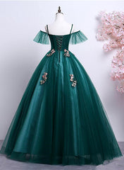 Vestido de fiesta de tul con hombros descubiertos y encaje verde oscuro 