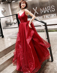 Vestidos de fiesta largos de tul rojo vino con escote en V 