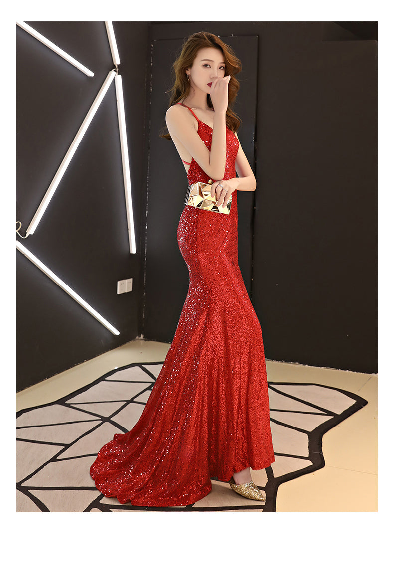 Sexy Sequins Long Slit Cross Back Junior Prom Dress