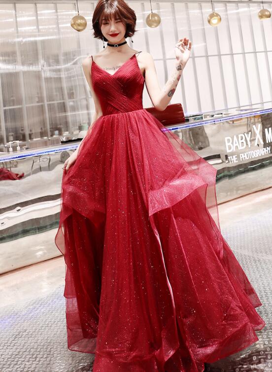 Vestidos de fiesta largos de tul rojo vino con escote en V 