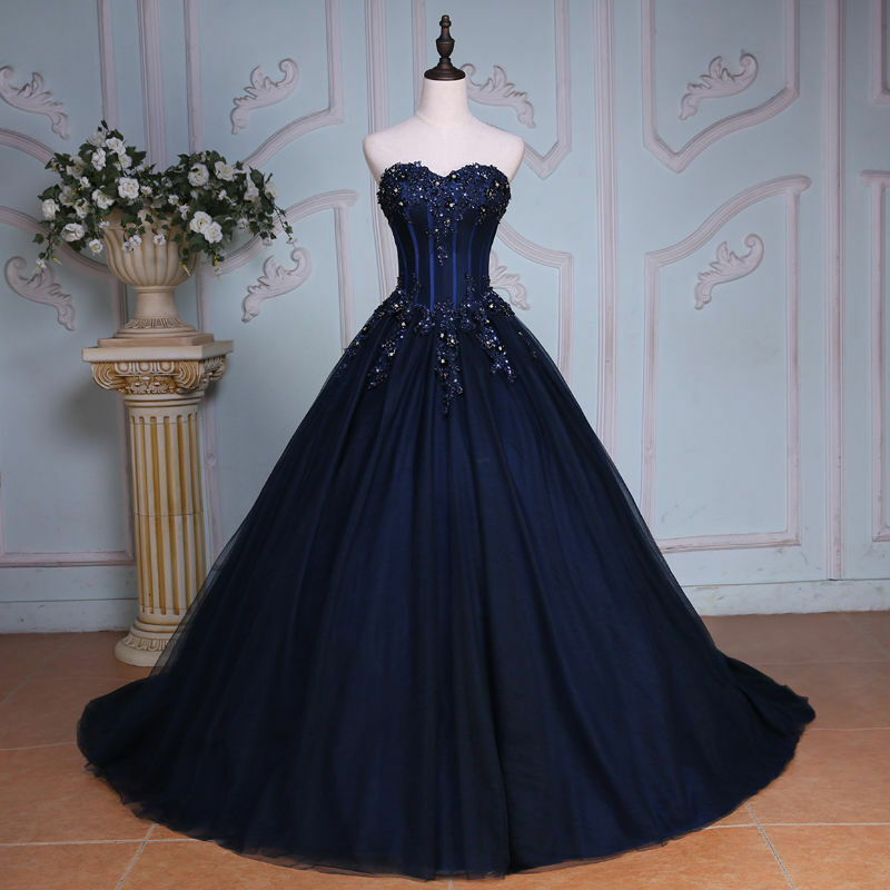 Vestido largo de fiesta de tul con apliques de encaje azul marino 