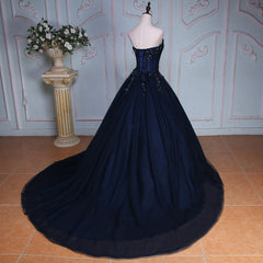 Vestido largo de fiesta de tul con apliques de encaje azul marino 