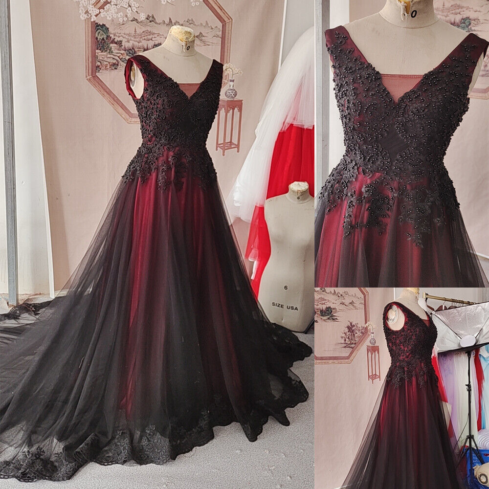 Black and Red Tulle V-neckline Beaded Party Dress