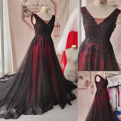 Black and Red Tulle V-neckline Beaded Party Dress