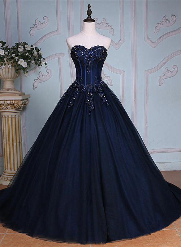 Vestido largo de fiesta de tul con apliques de encaje azul marino 