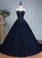 Vestido largo de fiesta de tul con apliques de encaje azul marino 
