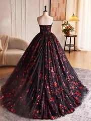 Vestido de fiesta con flores negras y rojas, corte A y escote redondo 