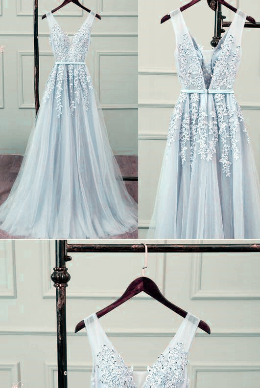 Hermoso vestido de fiesta largo de tul gris plateado con encaje y escote en V 