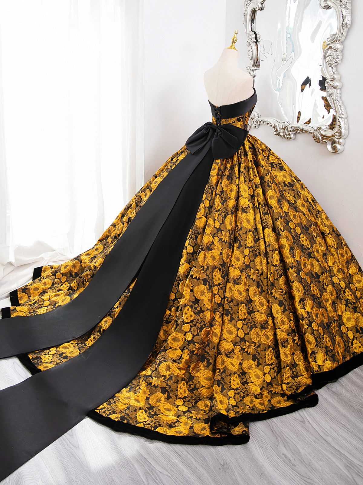 Gold Floral Satin Scoop Ball Gown Prom Dress with Bow