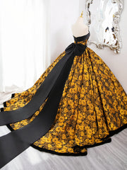Gold Floral Satin Scoop Ball Gown Prom Dress with Bow