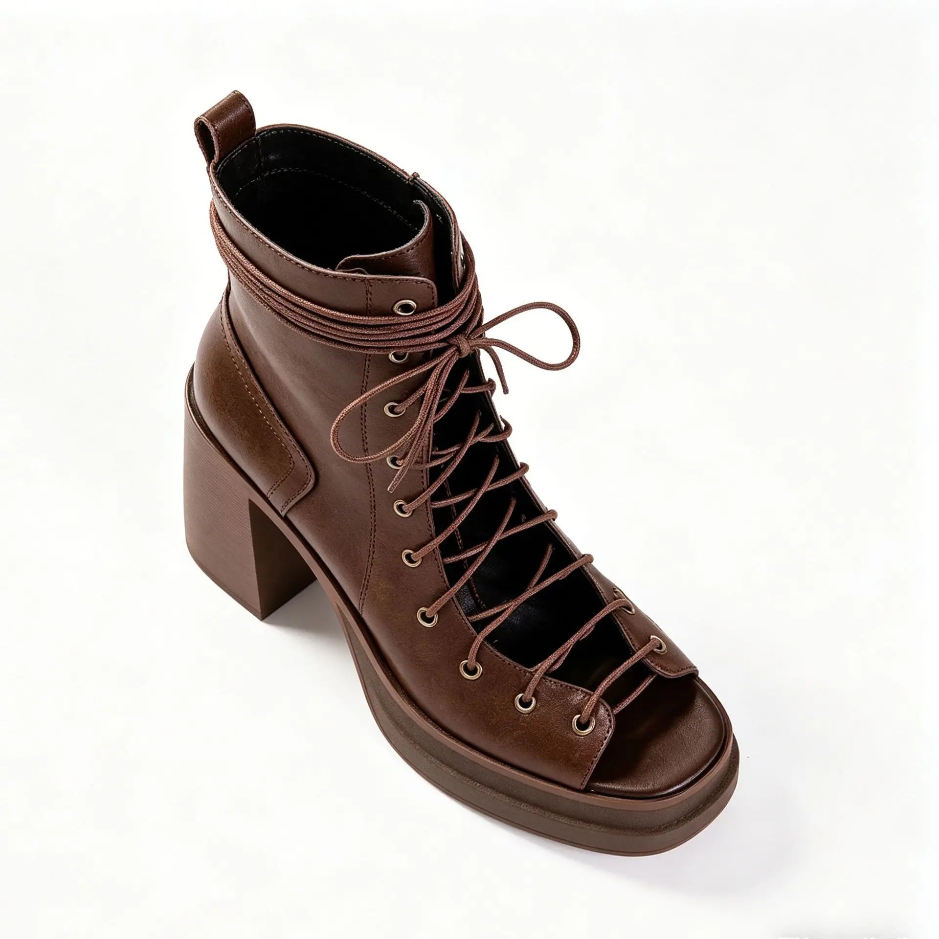 brown leather cross-lace-up platform black ankle boots chunky heel open-toed side zipper high-heeled white boots