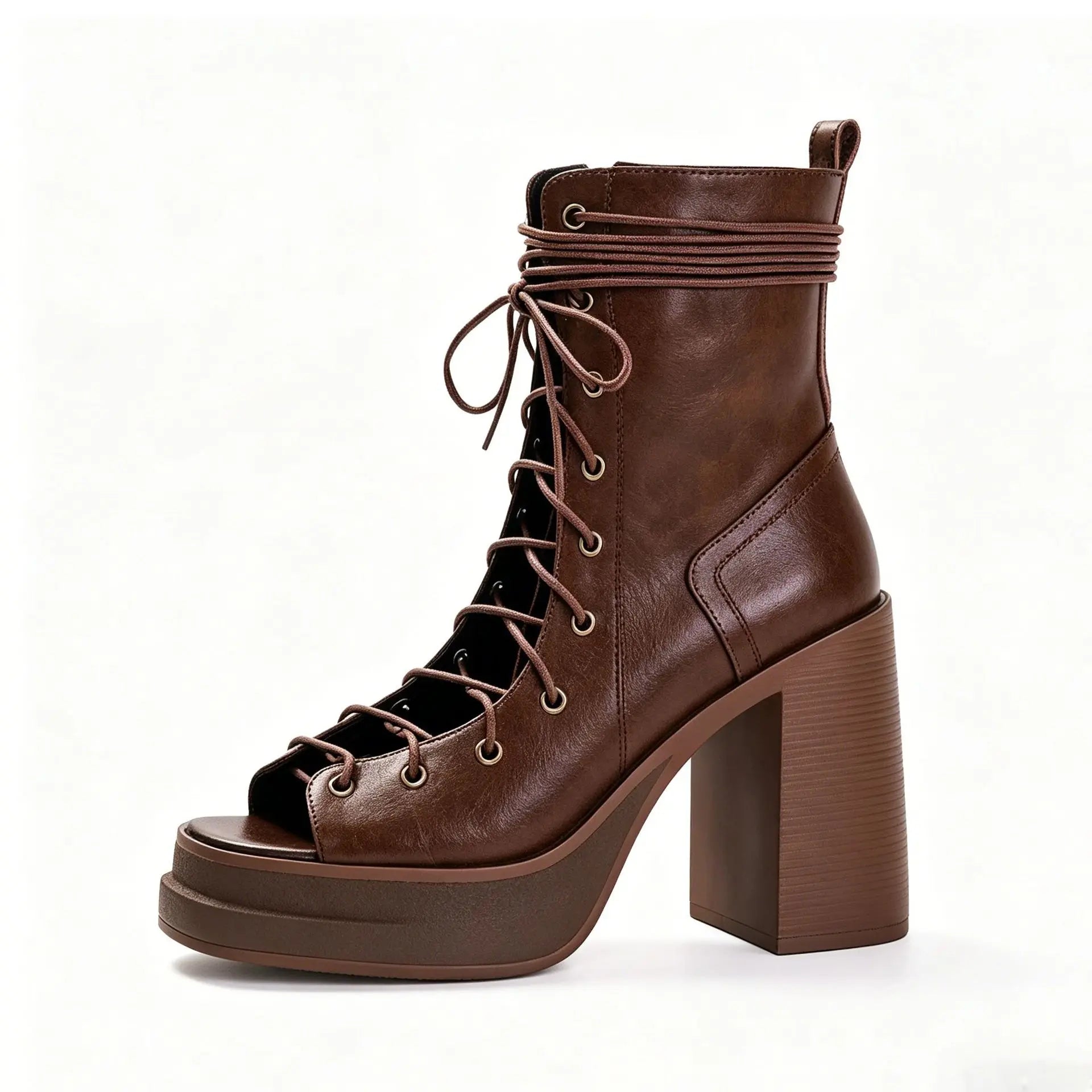 brown leather cross-lace-up platform black ankle boots chunky heel open-toed side zipper high-heeled white boots