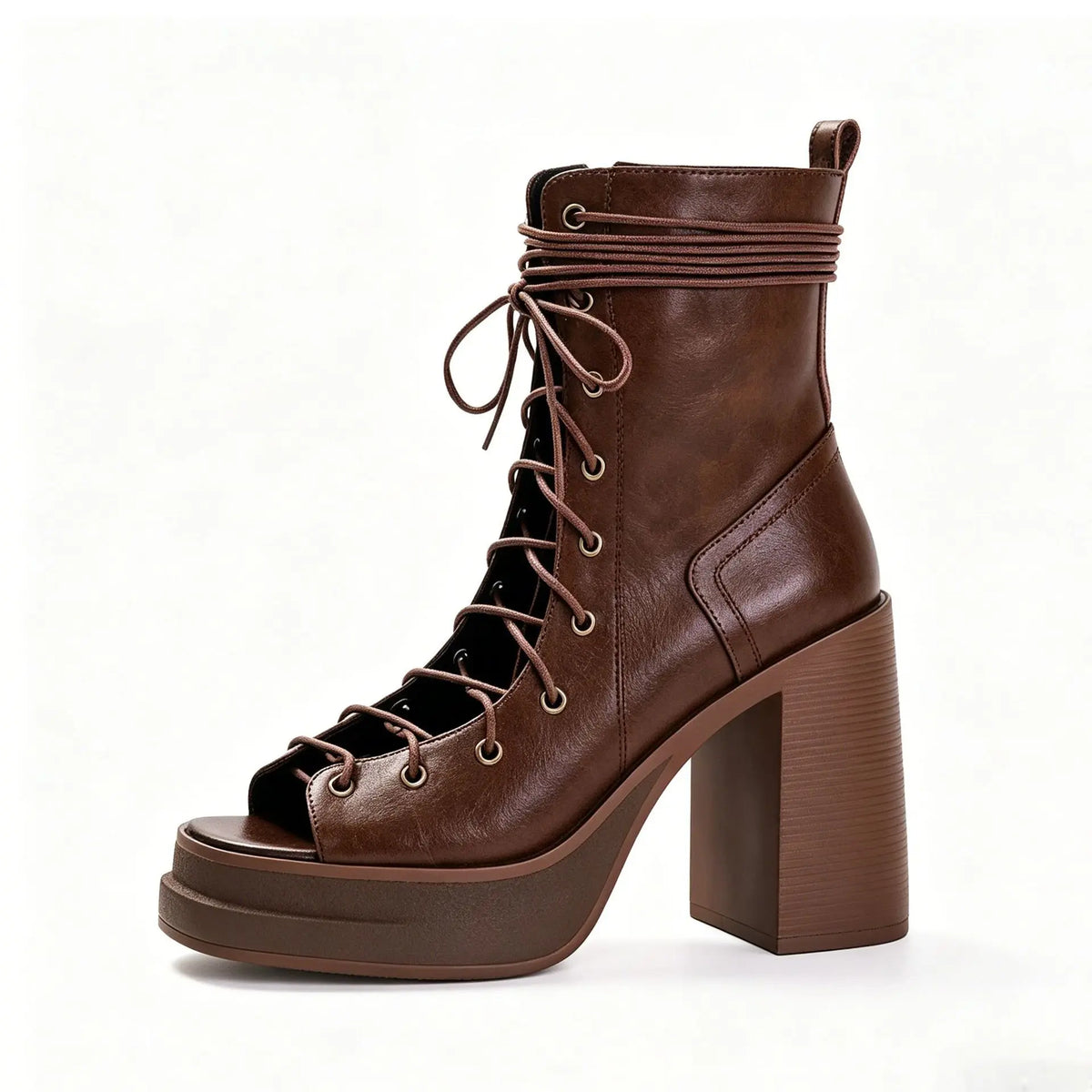 brown leather cross-lace-up platform black ankle boots chunky heel open-toed side zipper high-heeled white boots