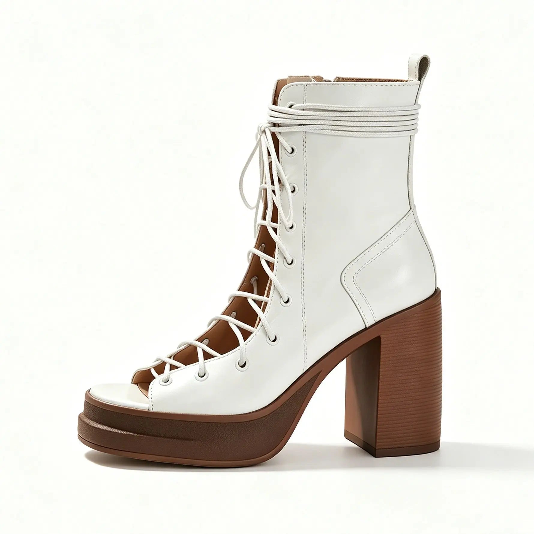 brown leather cross-lace-up platform black ankle boots chunky heel open-toed side zipper high-heeled white boots