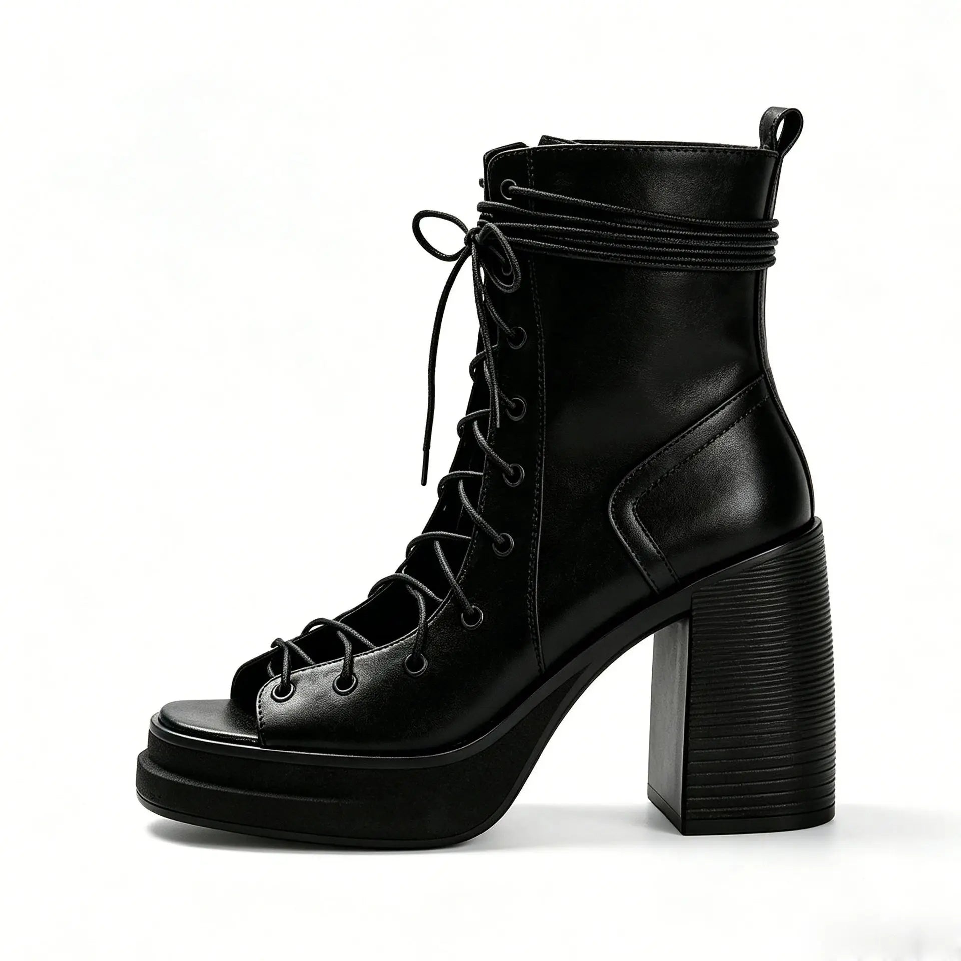 brown leather cross-lace-up platform black ankle boots chunky heel open-toed side zipper high-heeled white boots