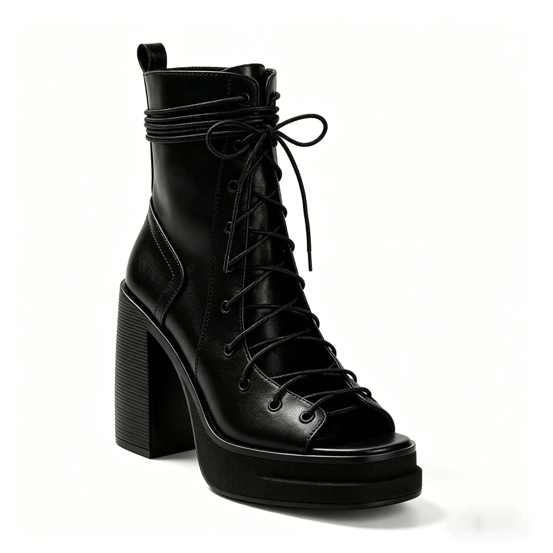 brown leather cross-lace-up platform black ankle boots chunky heel open-toed side zipper high-heeled white boots