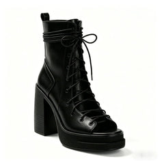 brown leather cross-lace-up platform black ankle boots chunky heel open-toed side zipper high-heeled white boots
