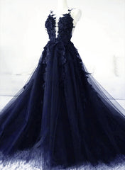 Vestido de fiesta de tul azul marino con apliques de encaje 