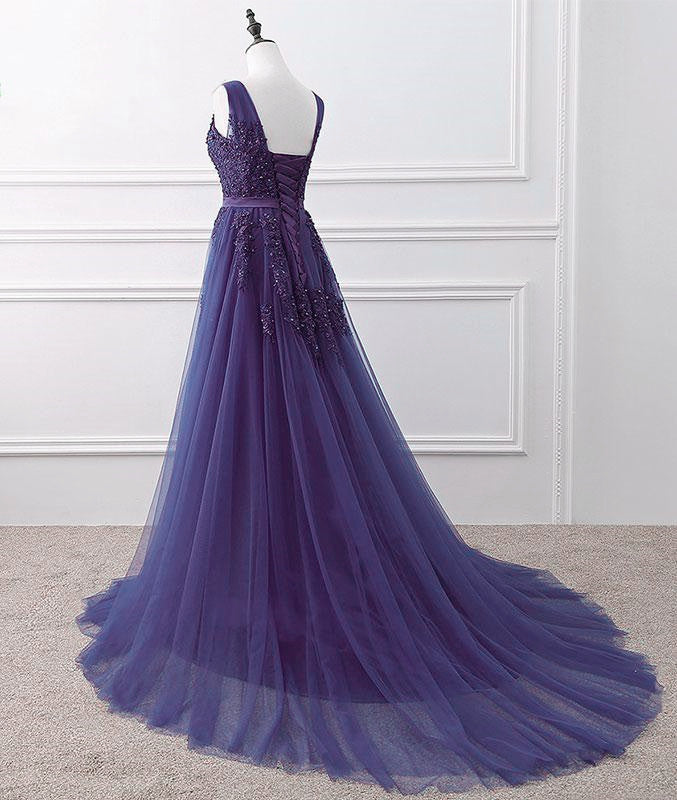 Purple Tulle Beaded Long Formal Party Dress