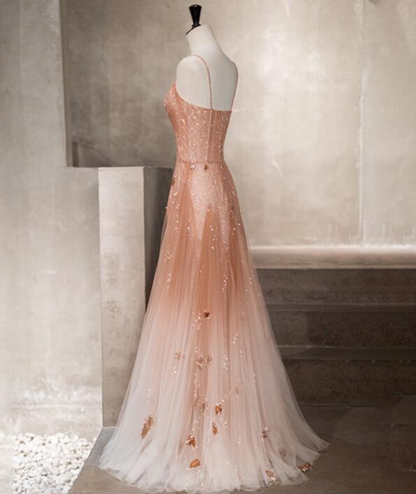 Hermoso vestido de fiesta de tul con cuentas rosas y vestido de noche 