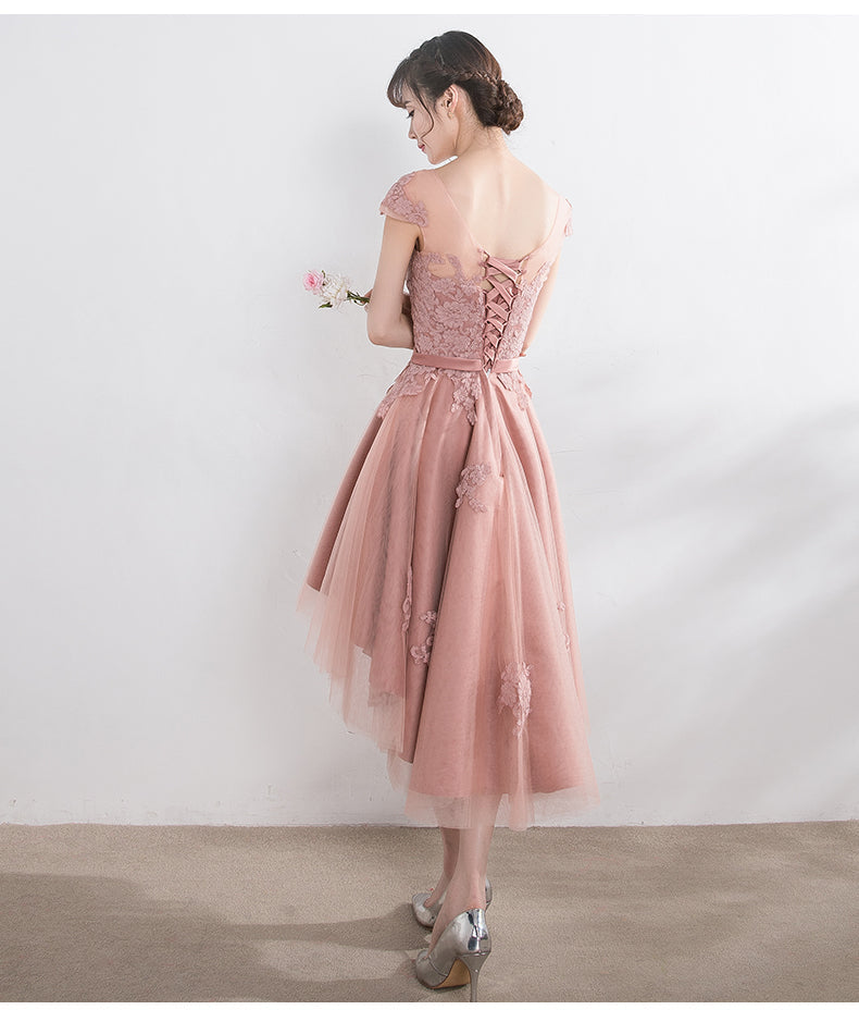 Vestido de dama de honor con mangas cortas de tul y encaje rosa 