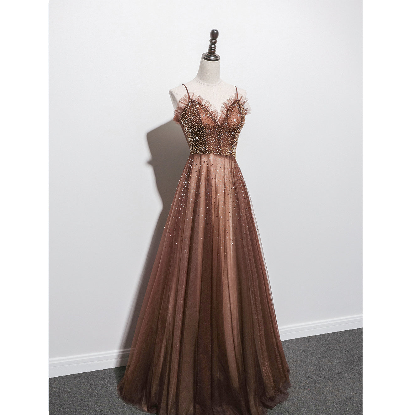 Shiny Tulle Beaded Long Straps Floor Length Party Dress