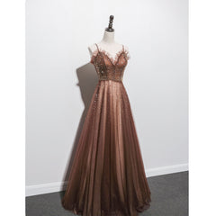Shiny Tulle Beaded Long Straps Floor Length Party Dress