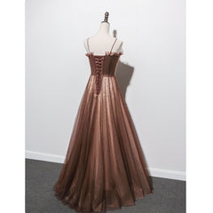 Shiny Tulle Beaded Long Straps Floor Length Party Dress