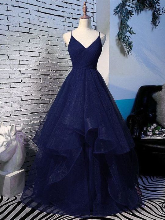 Pretty Navy Blue Tulle Layers Straps Long Party Dress