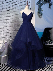 Pretty Navy Blue Tulle Layers Straps Long Party Dress