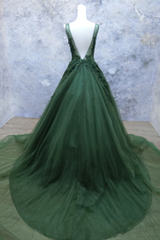 Green Beaded and Lace V-neckline Low Back Long Party Dresses
