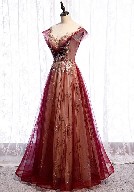 Vestido de fiesta de tul con apliques de encaje y mangas cortas color rojo vino 
