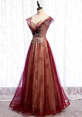 Vestido de fiesta de tul con apliques de encaje y mangas cortas color rojo vino 