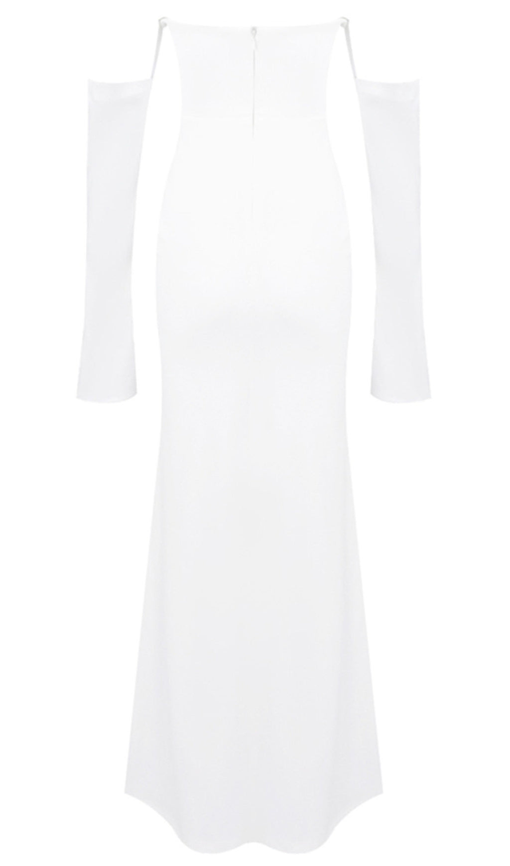 Elegant White Strapless Maxi Dress with Draped Long Sleeves
