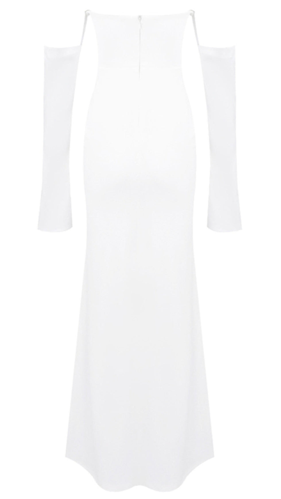 Elegant White Strapless Maxi Dress with Draped Long Sleeves