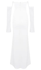 Elegant White Strapless Maxi Dress with Draped Long Sleeves