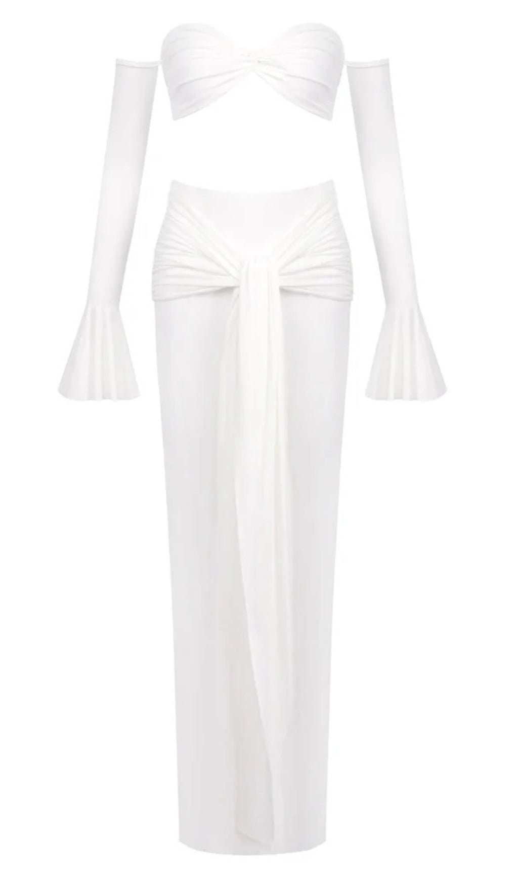 Elegant White Off-Shoulder Bustier Crop Top & Knot Front Maxi Skirt Two-Piece Set