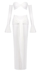 Elegant White Off-Shoulder Bustier Crop Top & Knot Front Maxi Skirt Two-Piece Set