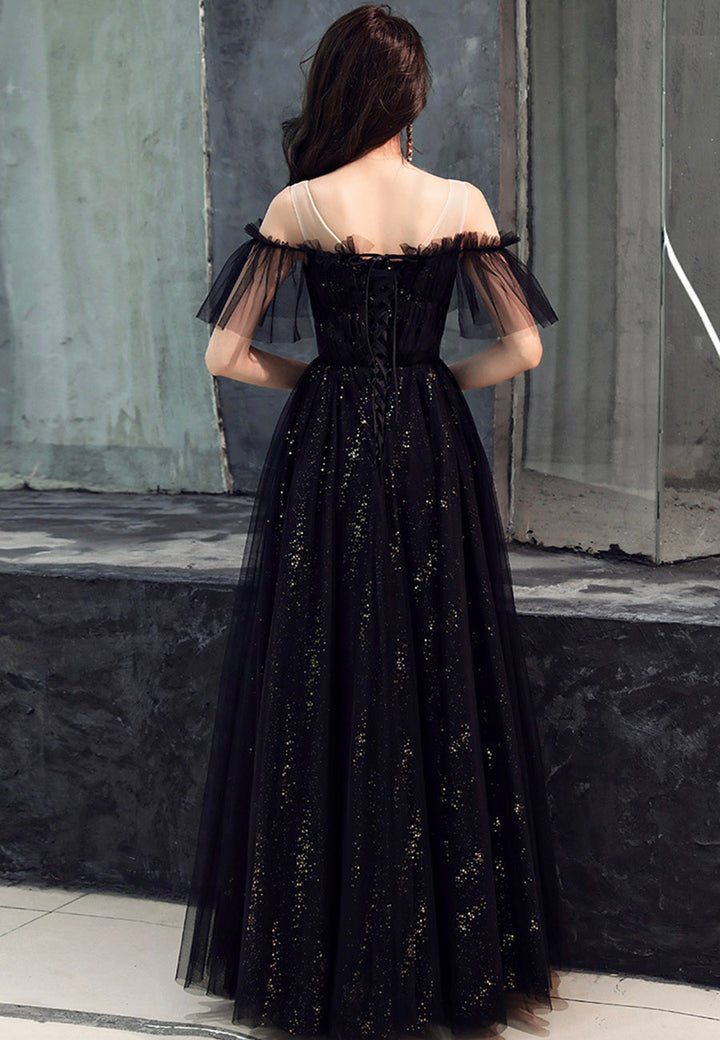 Vestido de fiesta de tul negro con hombros descubiertos 
