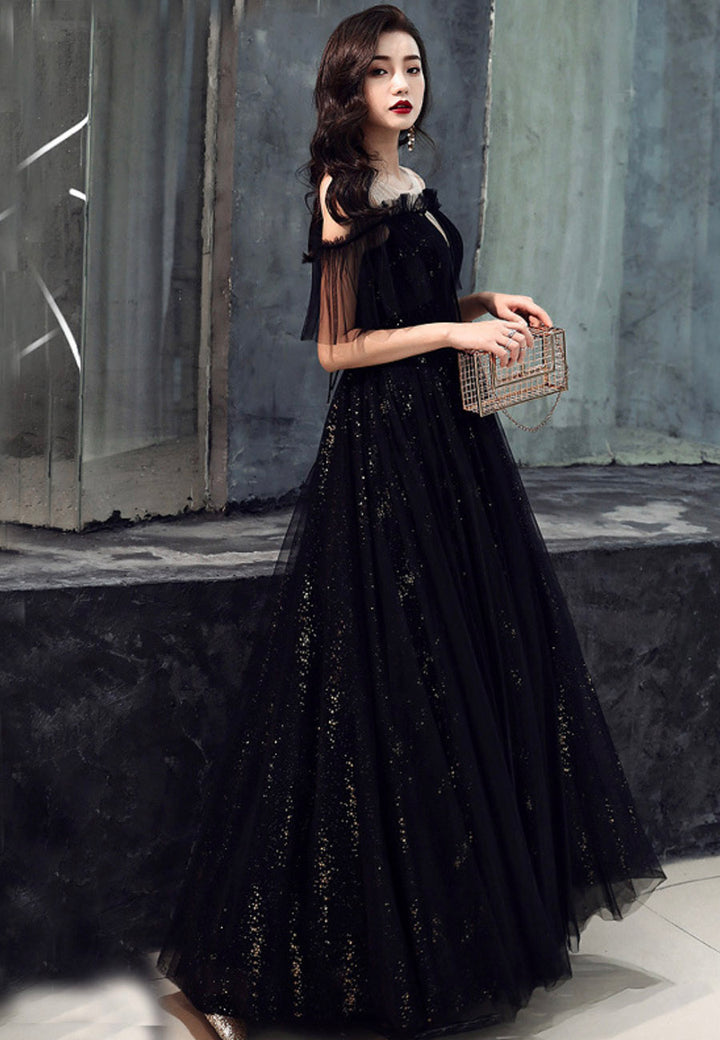 Vestido de fiesta de tul negro con hombros descubiertos 