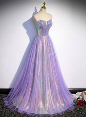 Vestido largo de fiesta con escote corazón de tul y lentejuelas color lavanda 