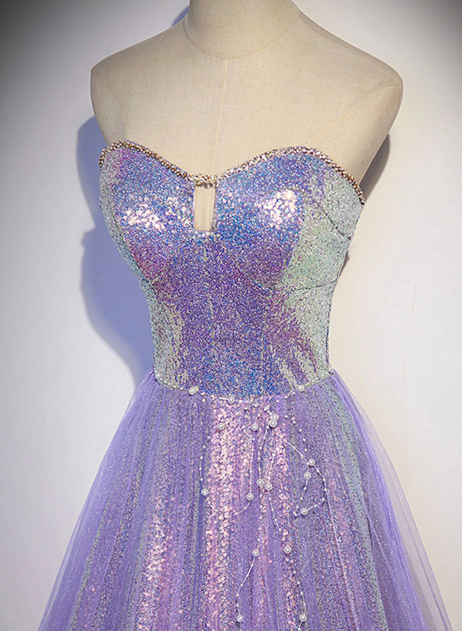 Vestido largo de fiesta con escote corazón de tul y lentejuelas color lavanda 