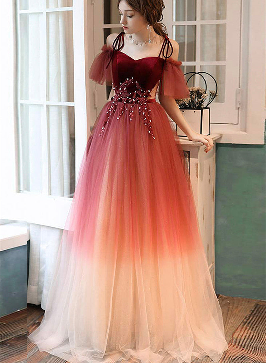 Dark Red Gradient Tulle Off Shoulder Long Party Dress