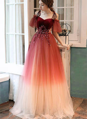 Dark Red Gradient Tulle Off Shoulder Long Party Dress