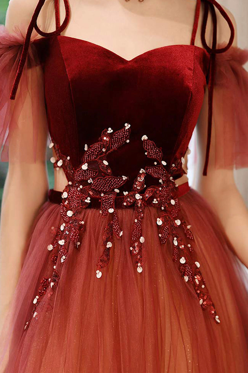 Dark Red Gradient Tulle Off Shoulder Long Party Dress