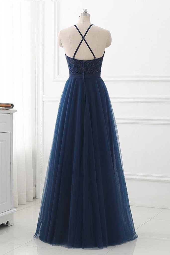 Vestido de fiesta largo de tul azul marino con apliques de encaje 