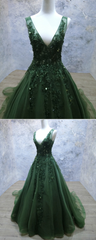 Green Beaded and Lace V-neckline Low Back Long Party Dresses