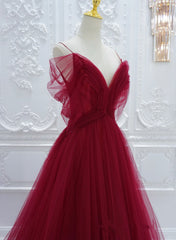 Vestido de fiesta largo de tul rojo vino con escote en V 