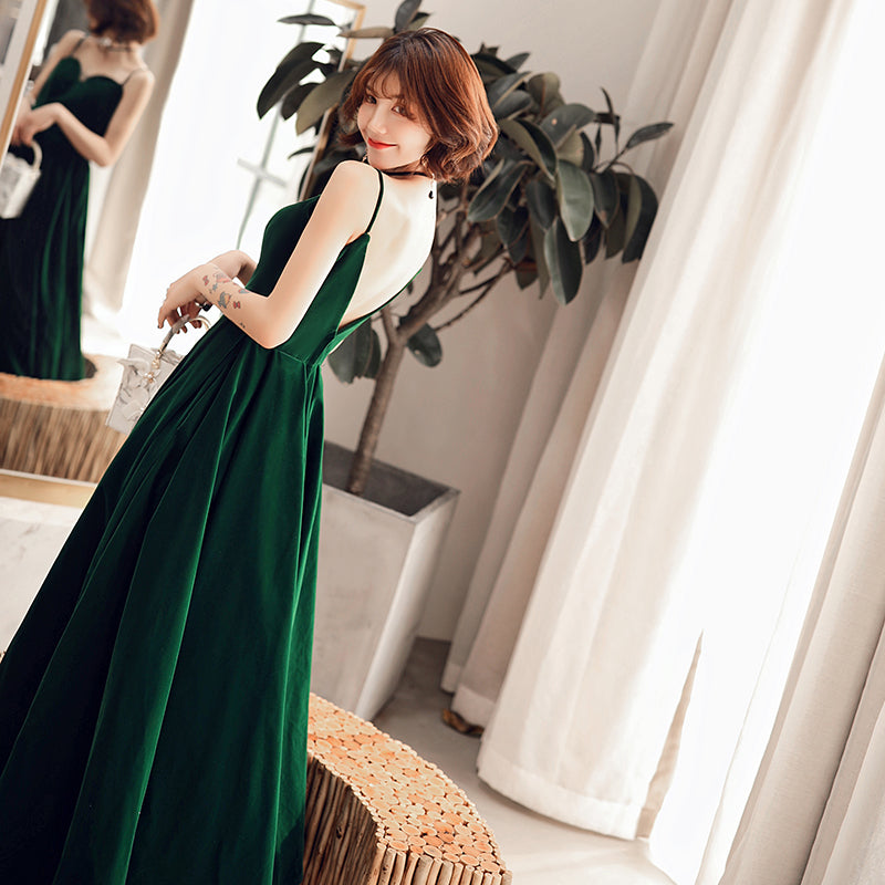 Vestido de fiesta largo de terciopelo con tirantes elegantes de color verde oscuro para dama de honor 