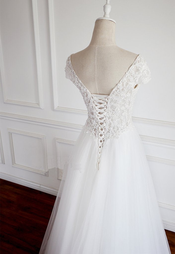 White Lace Cap Sleeves Tulle Floor Length Party Dress